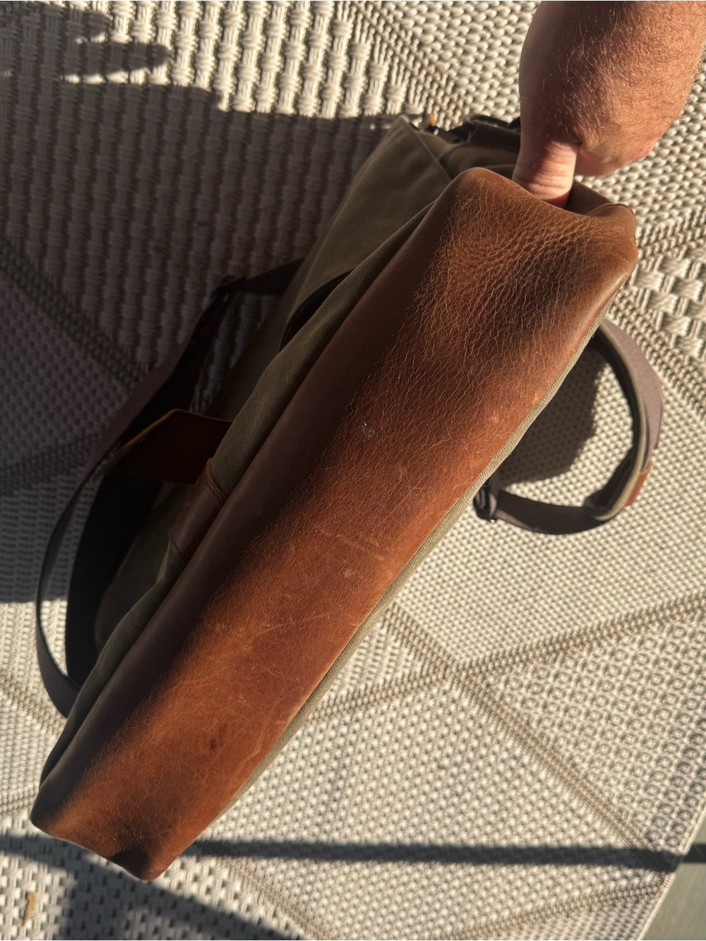 Olive Green Canvas Laptop Messenger Bag with Brown Leather Trim - Picture 3 of 4